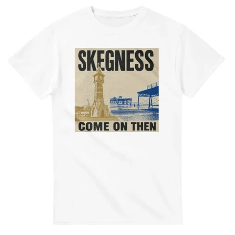Two-colour scenic illustration for Skegness, with the place name and COME ON THEN lettering.