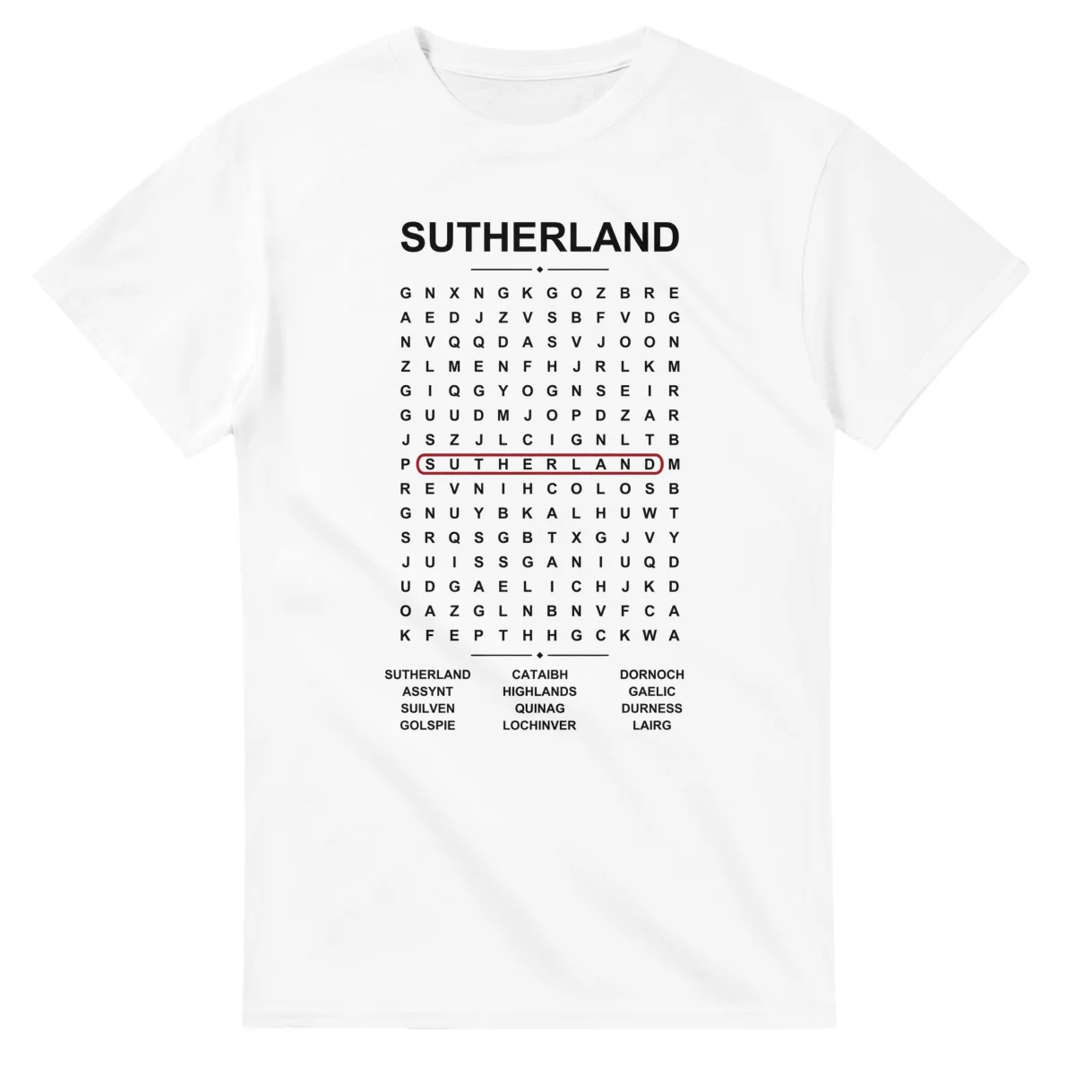 Word-search sheet for Sutherland, with a large place-name heading, a letter grid, a local answer list, and a red highlighted example word.
