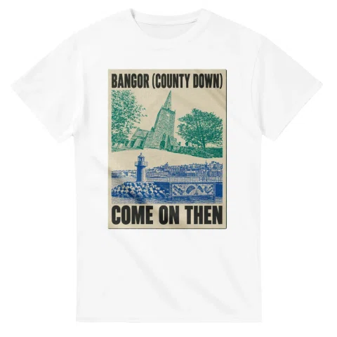 Two-colour scenic illustration for Bangor (County Down), with the place name and COME ON THEN lettering.