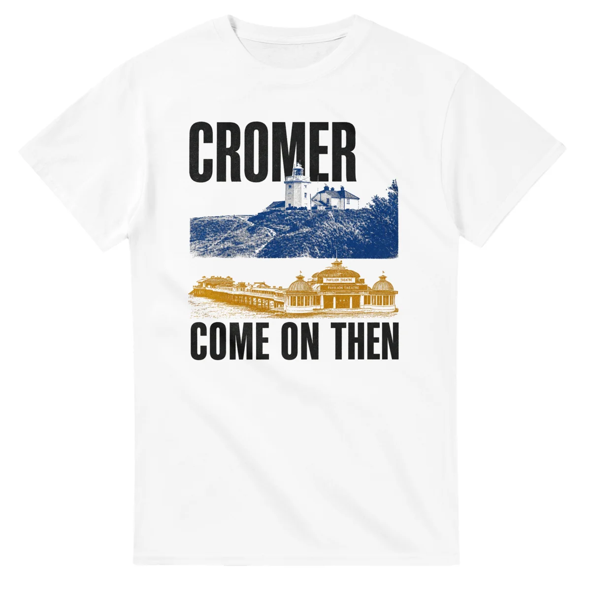 Two-colour scenic illustration for Cromer, with the place name and COME ON THEN lettering.