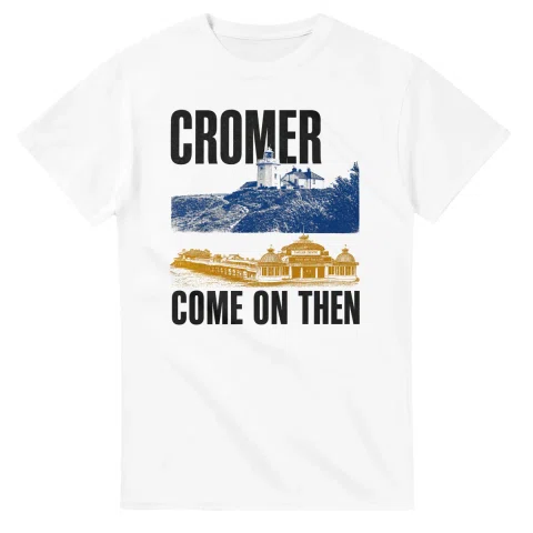 Two-colour scenic illustration for Cromer, with the place name and COME ON THEN lettering.