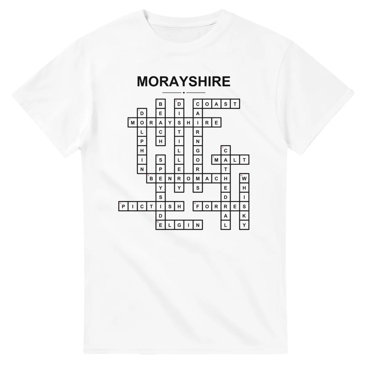 Monochrome crossword sheet for Morayshire, with a large place-name heading, a letter grid, and numbered across and down clues.