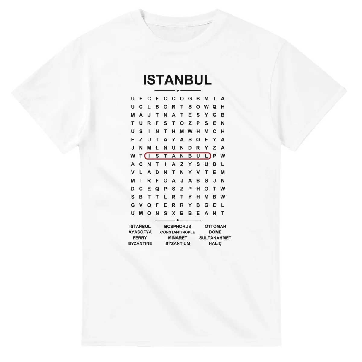 Word-search sheet for Istanbul, with a large place-name heading, a letter grid, a local answer list, and a red highlighted example word.