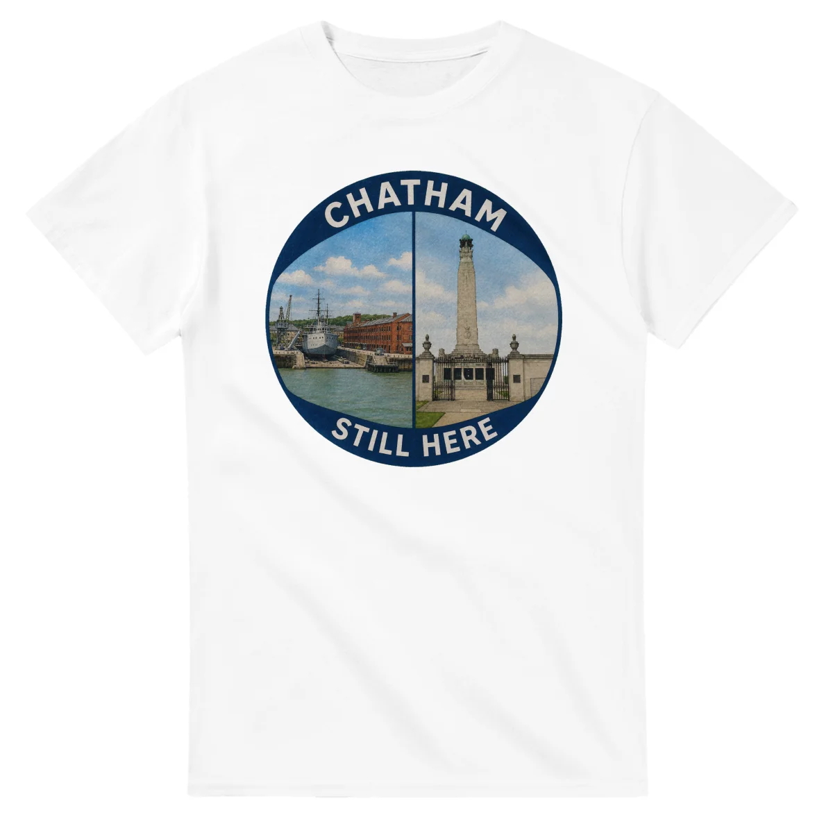 Painted, panelled scenic illustration for Chatham, with paired local scenes and the place name in lettering.