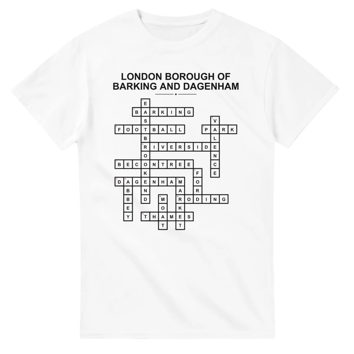 Monochrome crossword sheet for London Borough of Barking and Dagenham, with a large place-name heading, a letter grid, and numbered across and down clues.