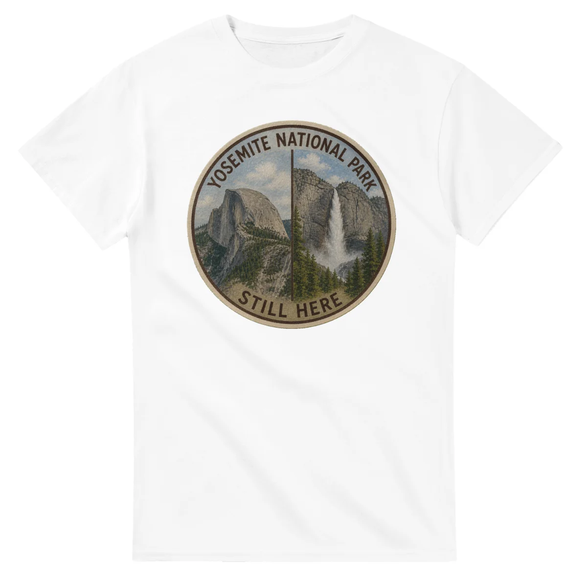 Painted, panelled scenic illustration for Yosemite National Park, with paired local scenes and the place name in lettering.