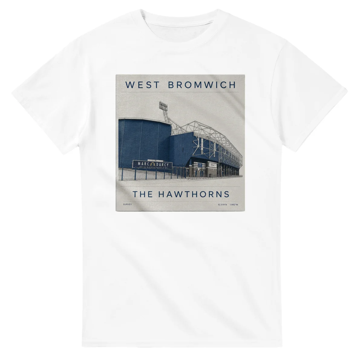 Fine-line engraving-style drawing for West Bromwich, with a landmark caption and small coordinate text.