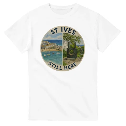 Painted, panelled scenic illustration for St Ives, with paired local scenes and the place name in lettering.