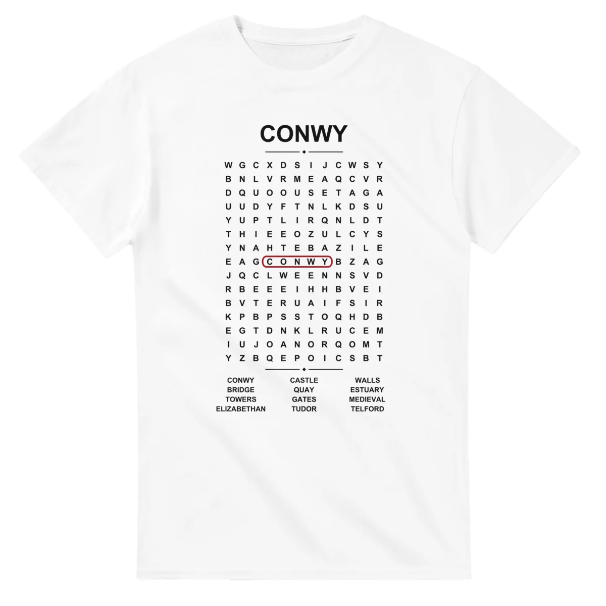 Word-search sheet for Conwy, with a large place-name heading, a letter grid, a local answer list, and a red highlighted example word.
