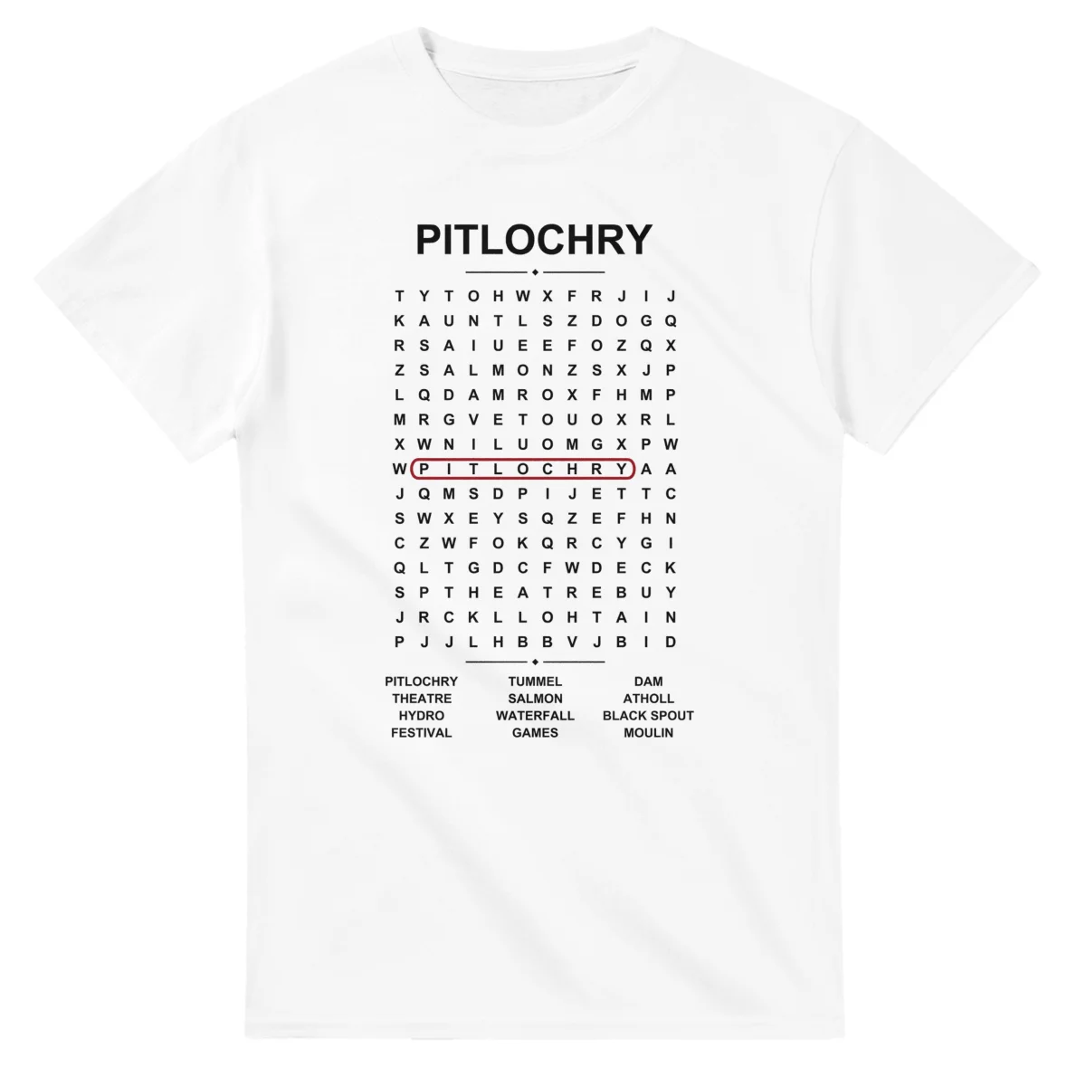 Word-search sheet for Pitlochry, with a large place-name heading, a letter grid, a local answer list, and a red highlighted example word.