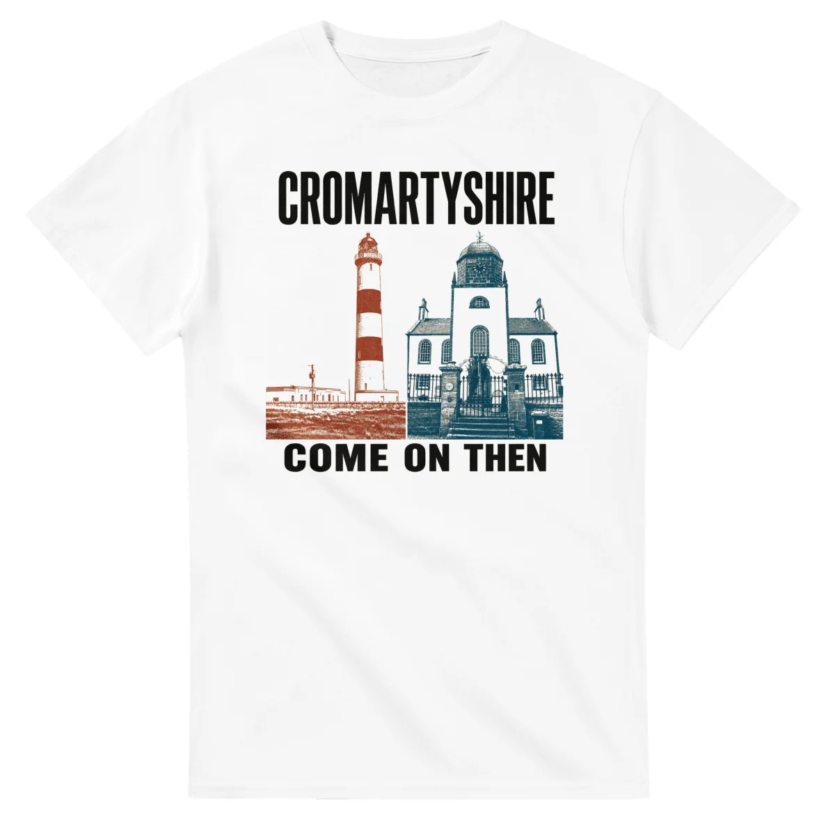 Two-colour scenic illustration for Cromartyshire, with the place name and COME ON THEN lettering.