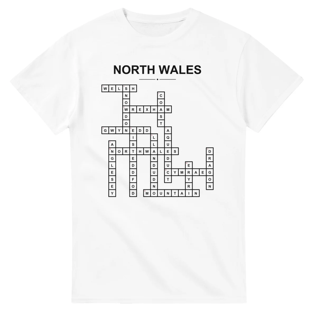 Monochrome crossword sheet for North Wales, with a large place-name heading, a letter grid, and numbered across and down clues.