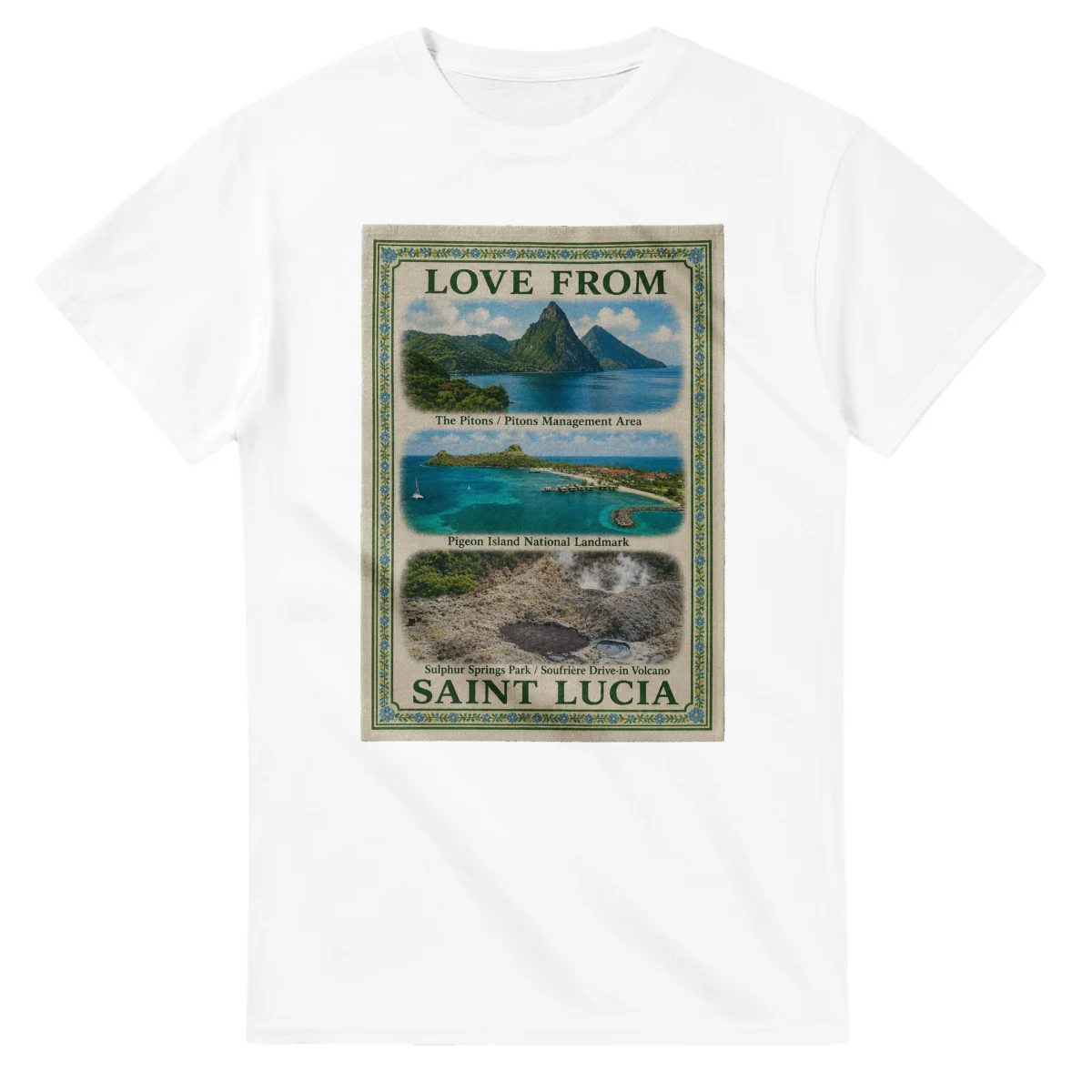 Framed scenic design for Saint Lucia, with several local views, a decorative border and LOVE FROM lettering.