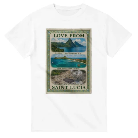 Framed scenic design for Saint Lucia, with several local views, a decorative border and LOVE FROM lettering.
