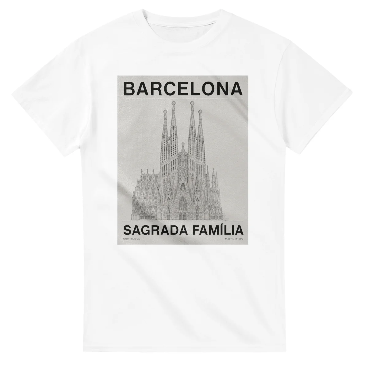 Fine-line engraving-style drawing for Barcelona, with a landmark caption and small coordinate text.