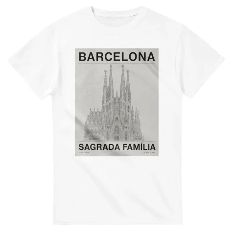 Fine-line engraving-style drawing for Barcelona, with a landmark caption and small coordinate text.