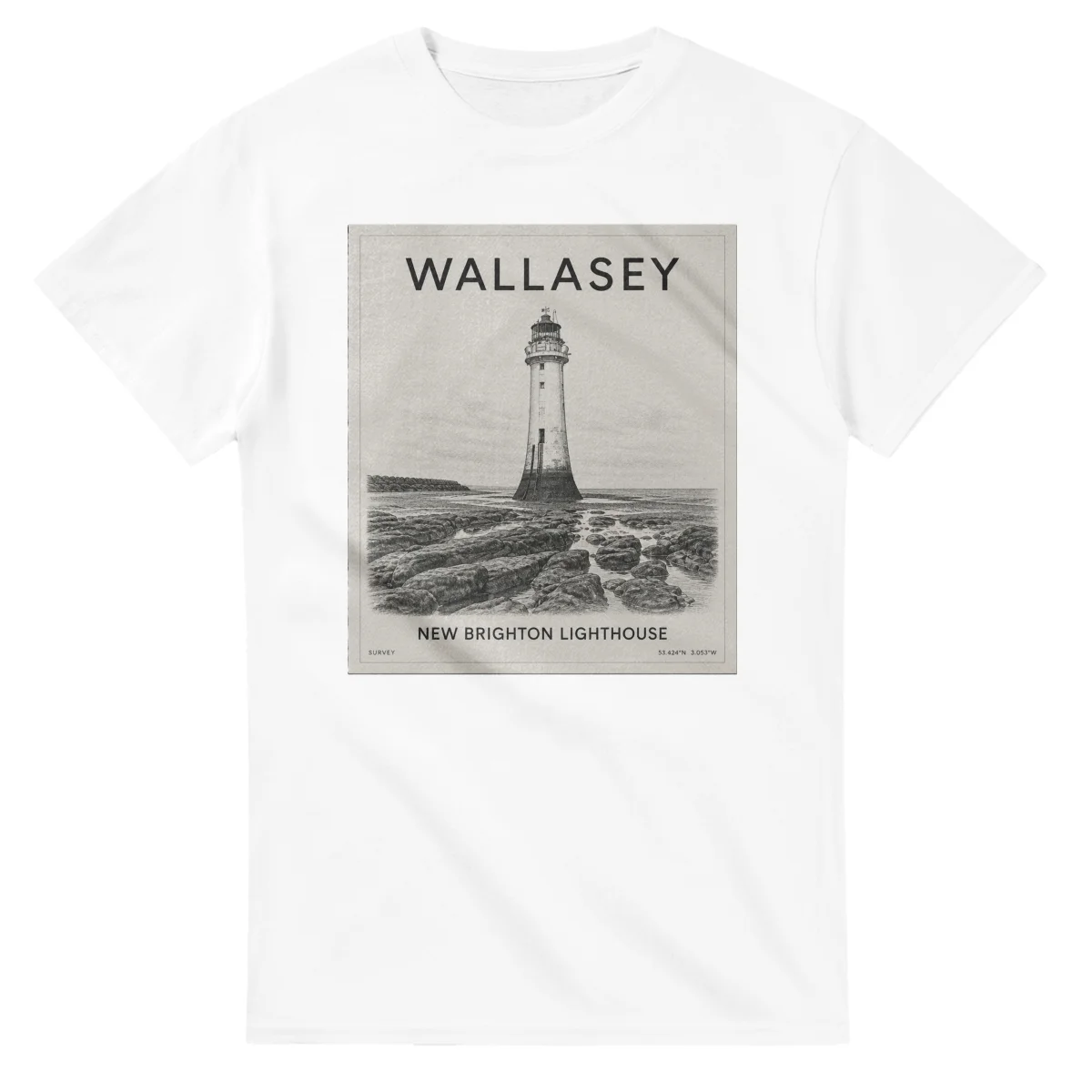 Fine-line engraving-style drawing for Wallasey, with a landmark caption and small coordinate text.