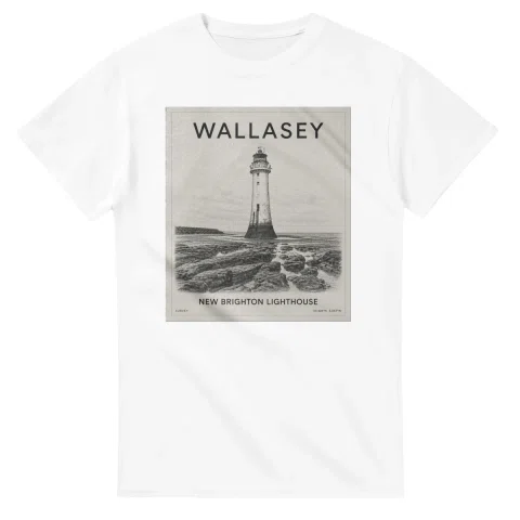 Fine-line engraving-style drawing for Wallasey, with a landmark caption and small coordinate text.