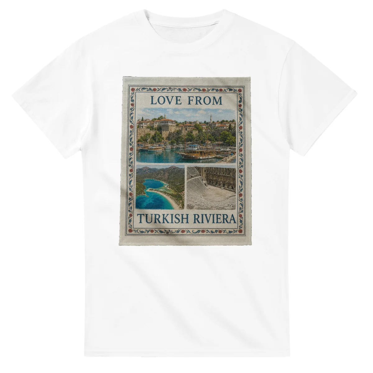 Framed scenic design for Turkish Riviera, with several local views, a decorative border and LOVE FROM lettering.