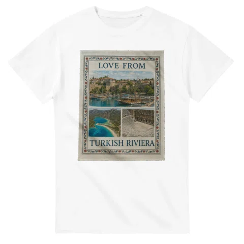 Framed scenic design for Turkish Riviera, with several local views, a decorative border and LOVE FROM lettering.