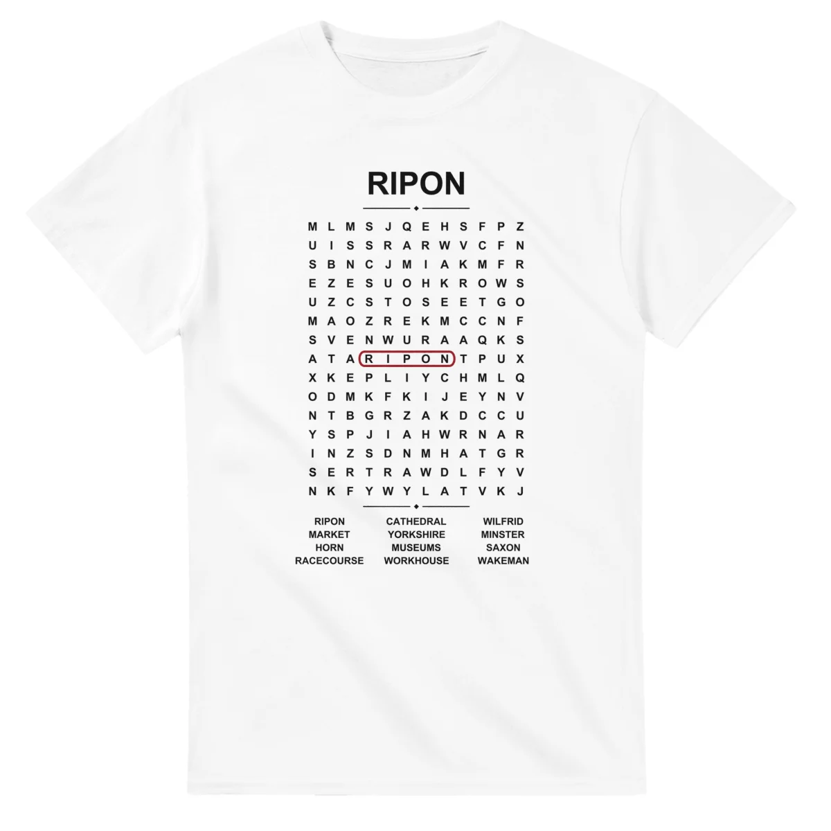 Word-search sheet for Ripon, with a large place-name heading, a letter grid, a local answer list, and a red highlighted example word.