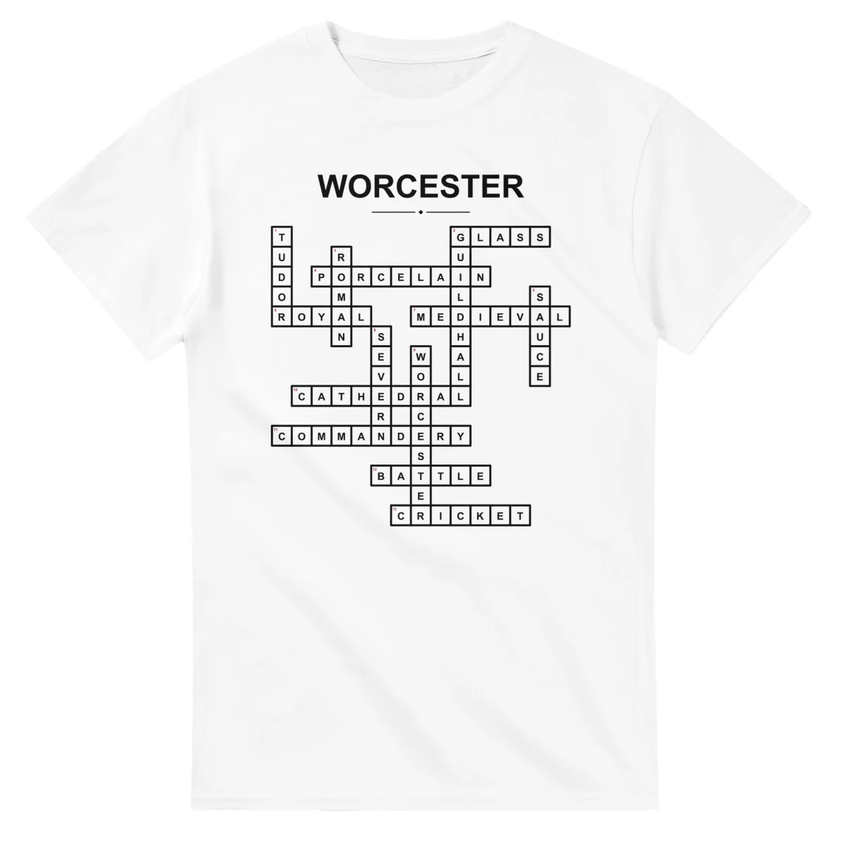 Monochrome crossword sheet for Worcester, with a large place-name heading, a letter grid, and numbered across and down clues.