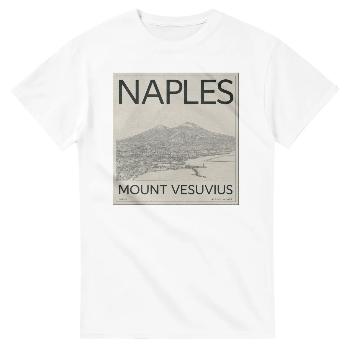 Fine-line engraving-style drawing for Naples, with a landmark caption and small coordinate text.