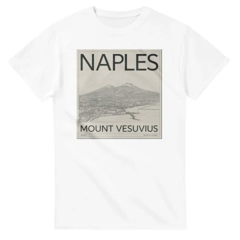 Fine-line engraving-style drawing for Naples, with a landmark caption and small coordinate text.