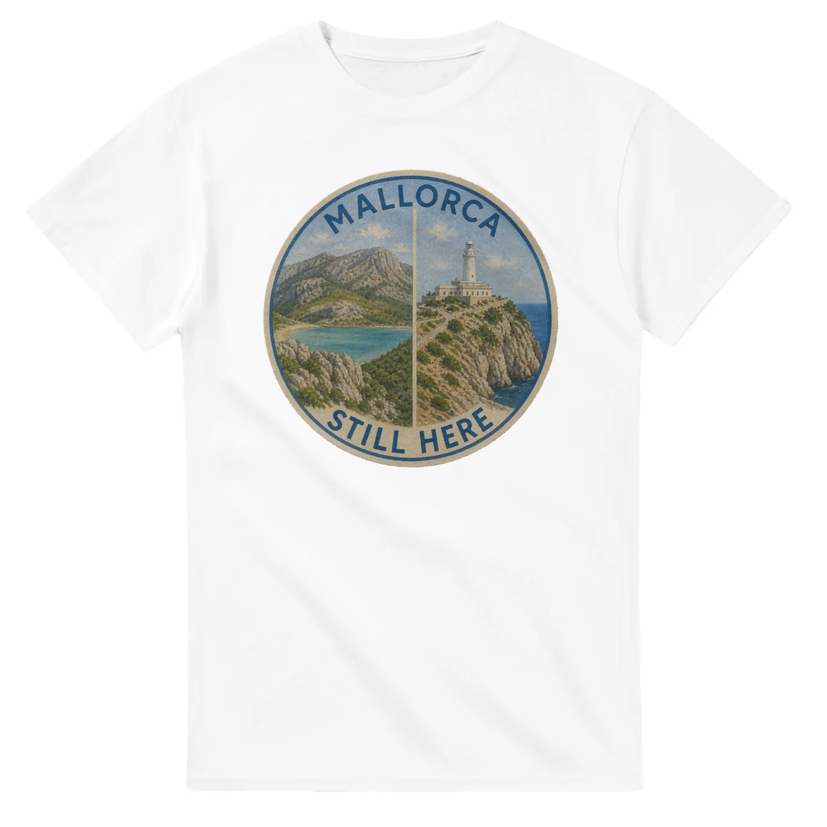 Painted, panelled scenic illustration for Mallorca, with paired local scenes and the place name in lettering.