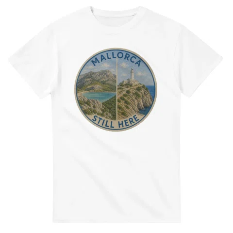 Painted, panelled scenic illustration for Mallorca, with paired local scenes and the place name in lettering.