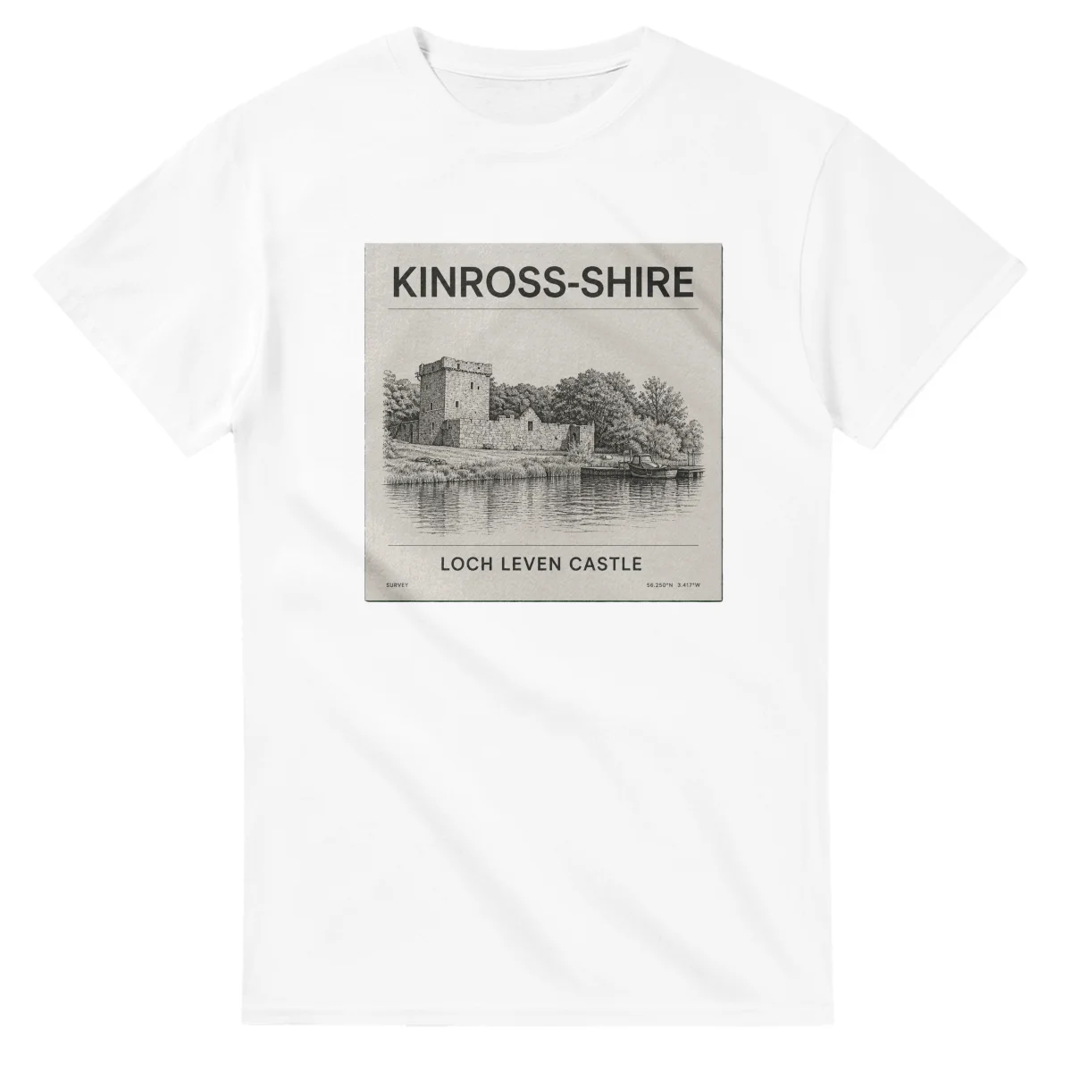 Fine-line engraving-style drawing for Kinross-shire, with a landmark caption and small coordinate text.