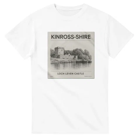 Fine-line engraving-style drawing for Kinross-shire, with a landmark caption and small coordinate text.