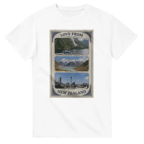 Framed scenic design for New Zealand, with several local views, a decorative border and LOVE FROM lettering.