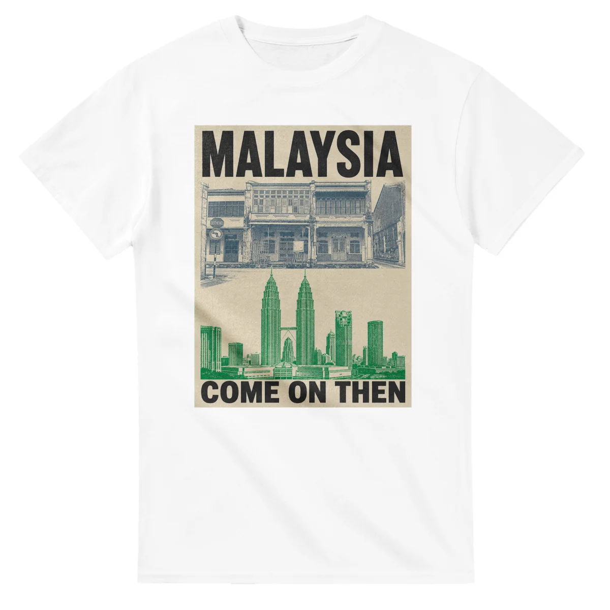Two-colour scenic illustration for Malaysia, with the place name and COME ON THEN lettering.
