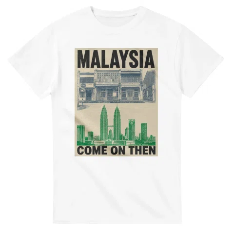 Two-colour scenic illustration for Malaysia, with the place name and COME ON THEN lettering.