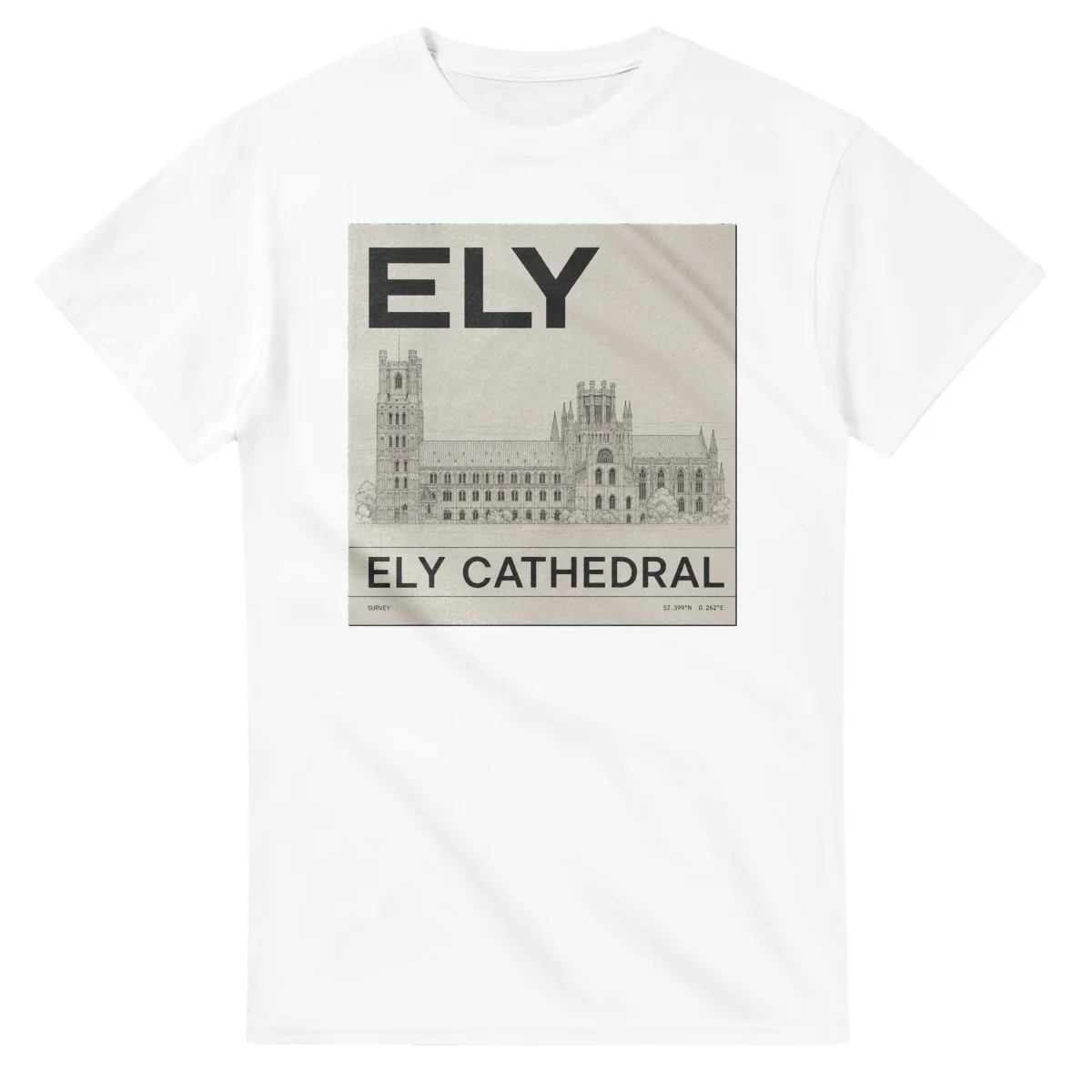 Fine-line engraving-style drawing for Ely, with a landmark caption and small coordinate text.