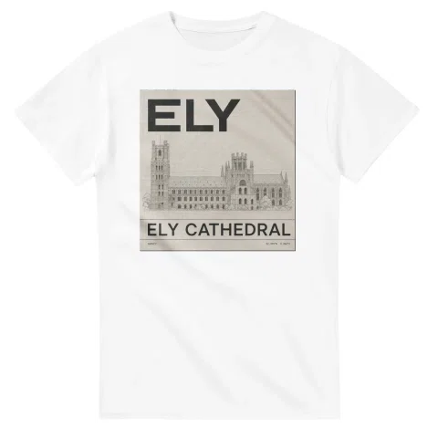 Fine-line engraving-style drawing for Ely, with a landmark caption and small coordinate text.