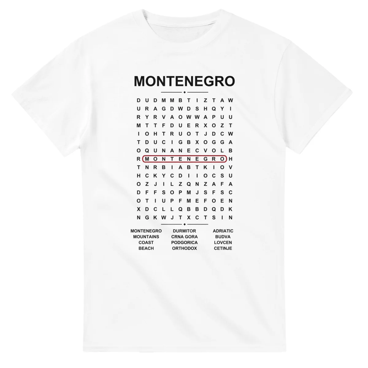 Word-search sheet for Montenegro, with a large place-name heading, a letter grid, a local answer list, and a red highlighted example word.