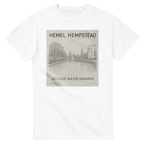 Fine-line engraving-style drawing for Hemel Hempstead, with a landmark caption and small coordinate text.