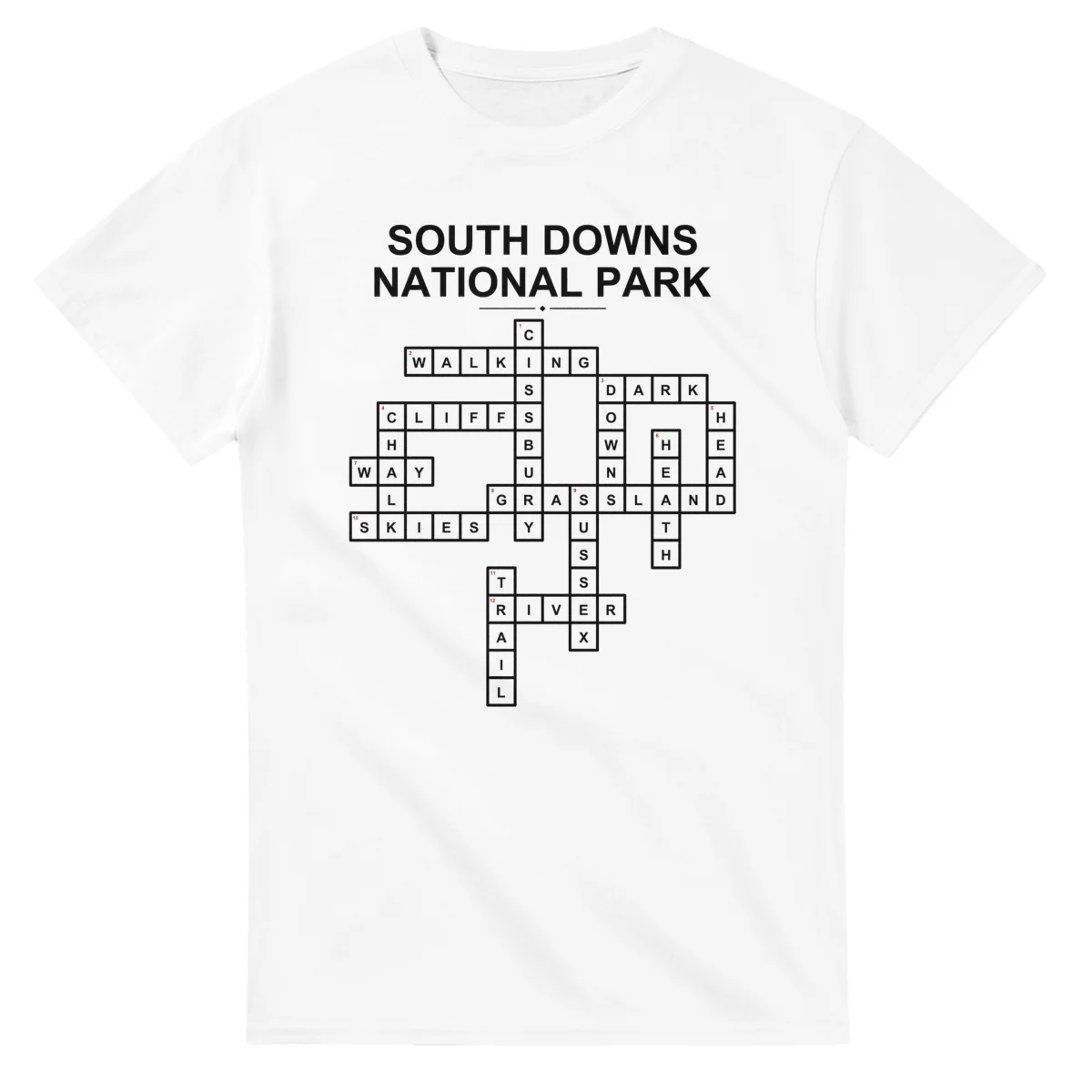 Monochrome crossword sheet for South Downs National Park, with a large place-name heading, a letter grid, and numbered across and down clues.