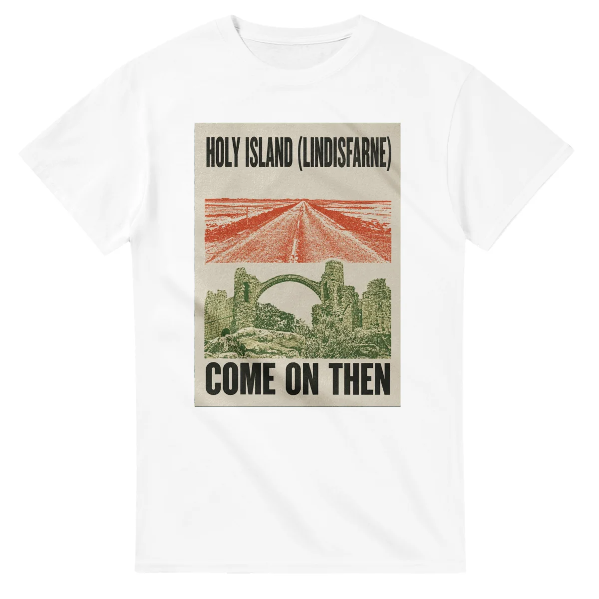 Two-colour scenic illustration for Holy Island (Lindisfarne), with the place name and COME ON THEN lettering.