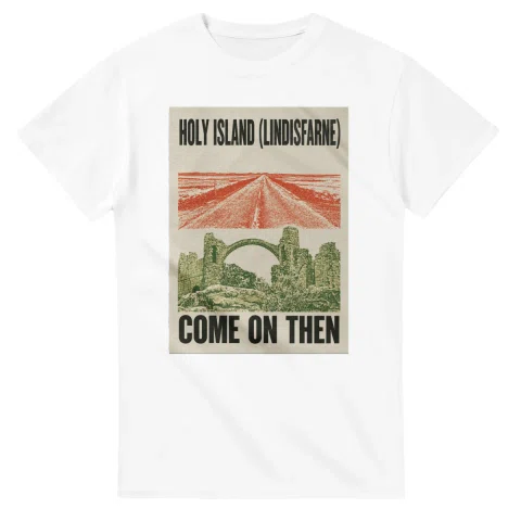 Two-colour scenic illustration for Holy Island (Lindisfarne), with the place name and COME ON THEN lettering.