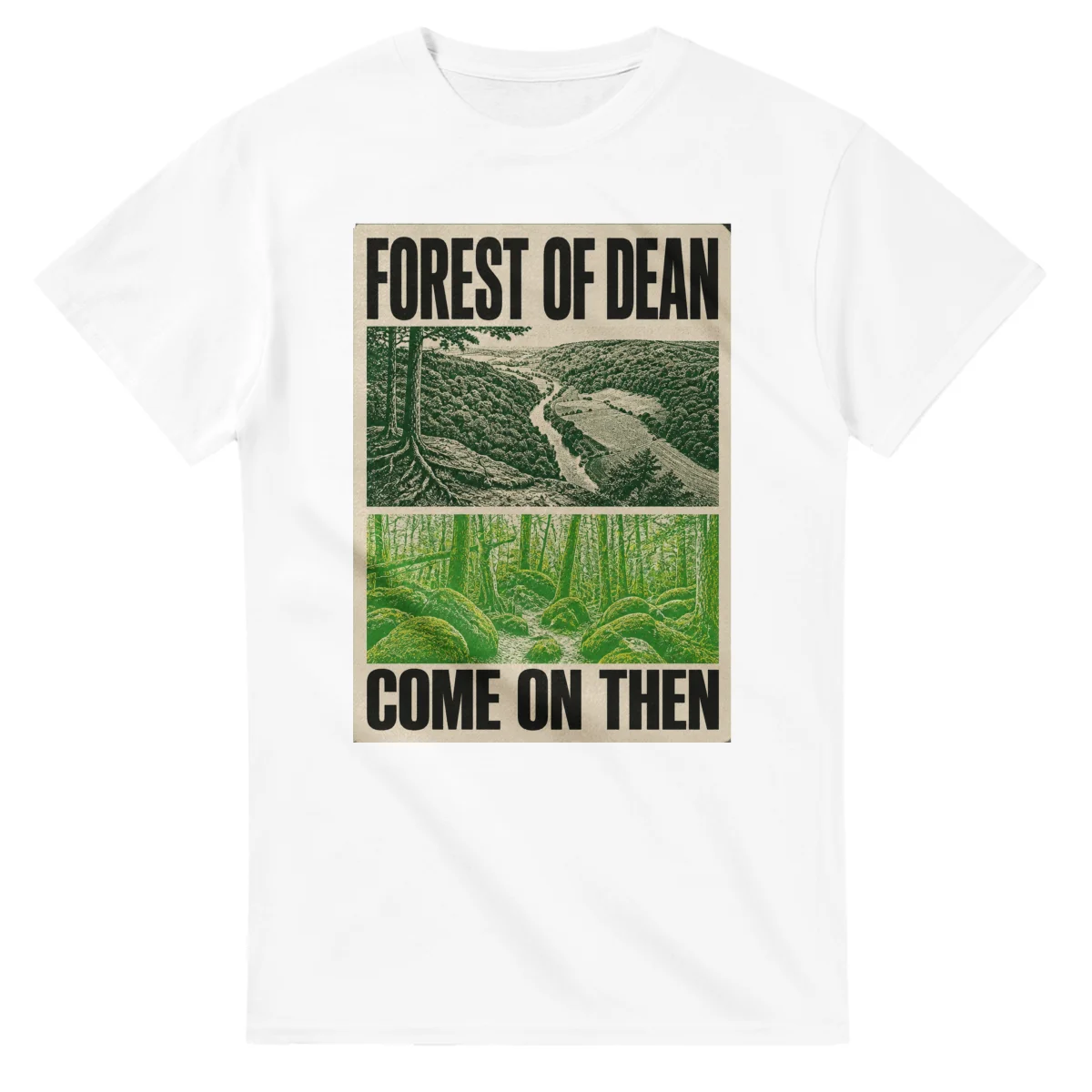 Two-colour scenic illustration for Forest of Dean, with the place name and COME ON THEN lettering.