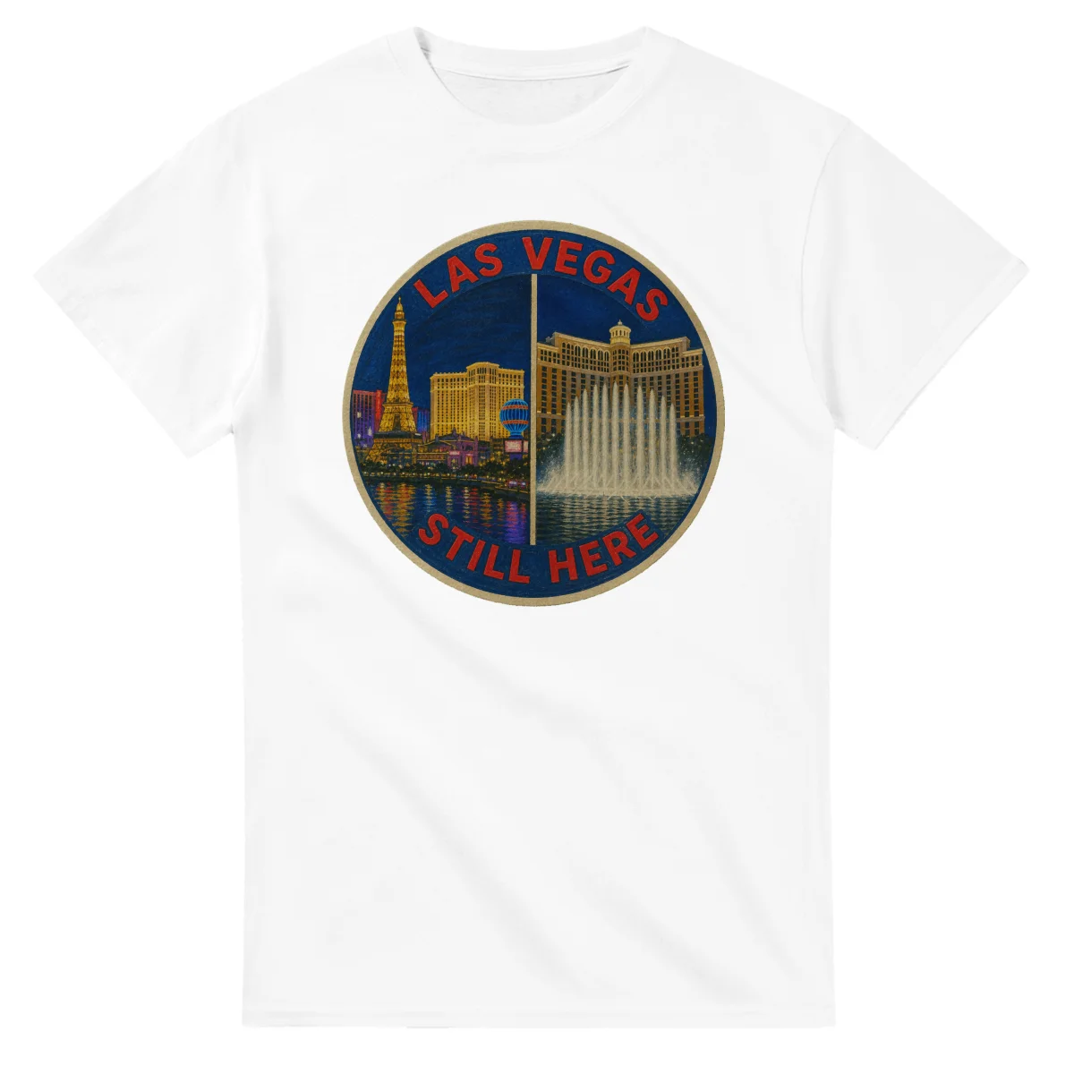 Painted, panelled scenic illustration for Las Vegas, with paired local scenes and the place name in lettering.