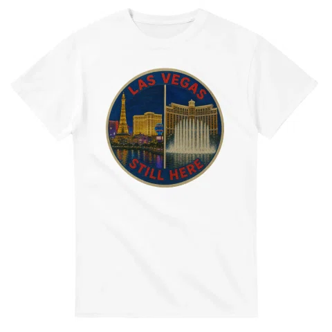 Painted, panelled scenic illustration for Las Vegas, with paired local scenes and the place name in lettering.