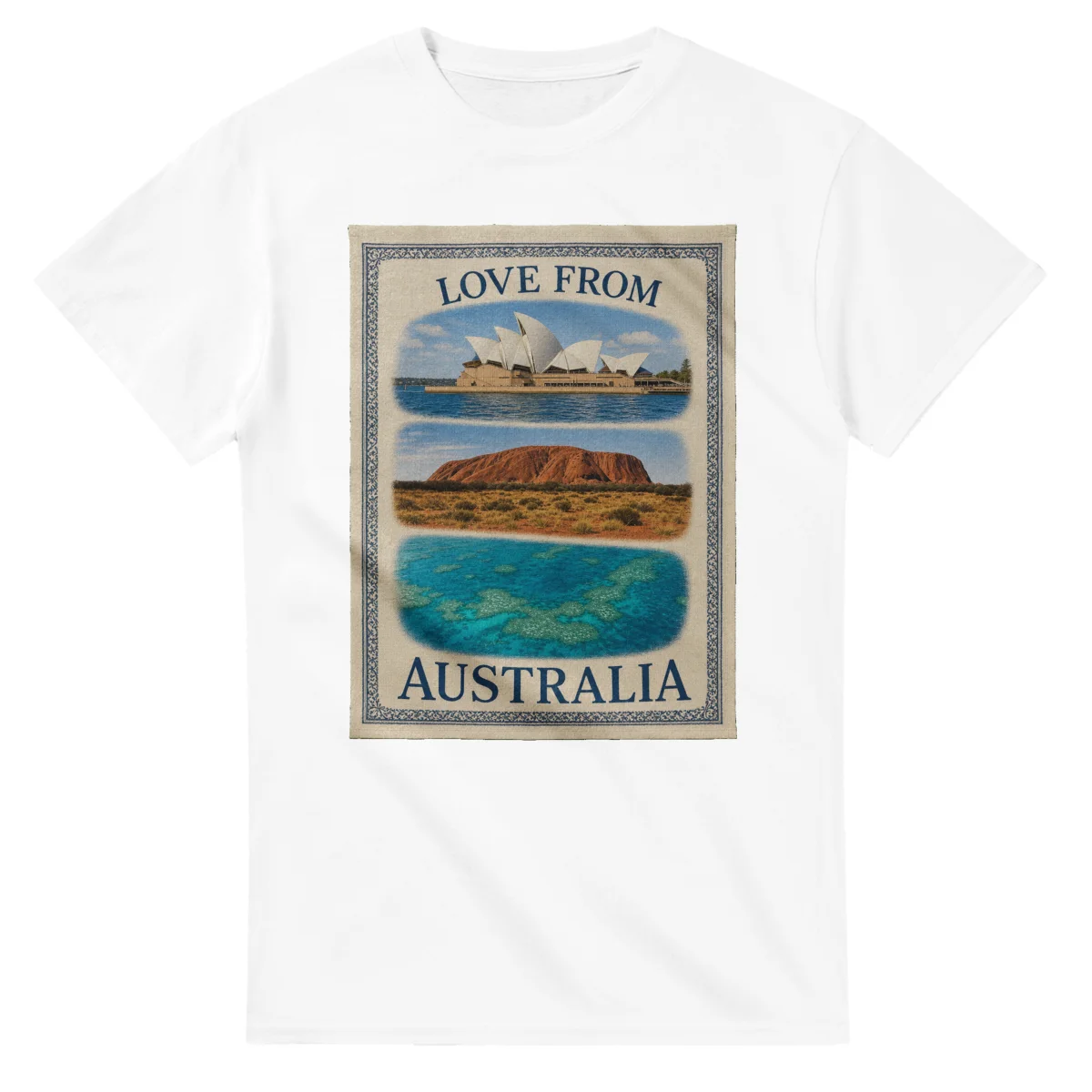 Framed scenic design for Australia, with several local views, a decorative border and LOVE FROM lettering.
