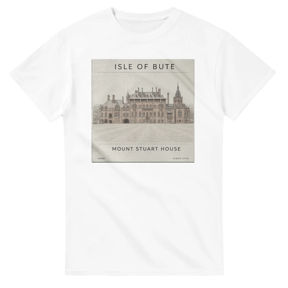 Fine-line engraving-style drawing for Isle of Bute, with a landmark caption and small coordinate text.