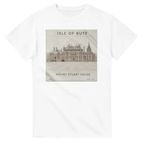 Fine-line engraving-style drawing for Isle of Bute, with a landmark caption and small coordinate text.