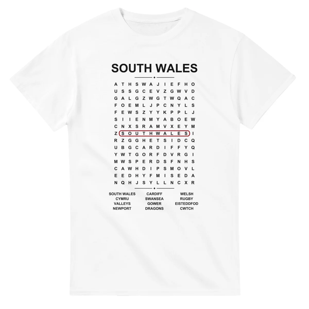 Word-search sheet for South Wales, with a large place-name heading, a letter grid, a local answer list, and a red highlighted example word.