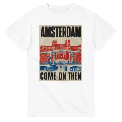 Two-colour scenic illustration for Amsterdam, with the place name and COME ON THEN lettering.